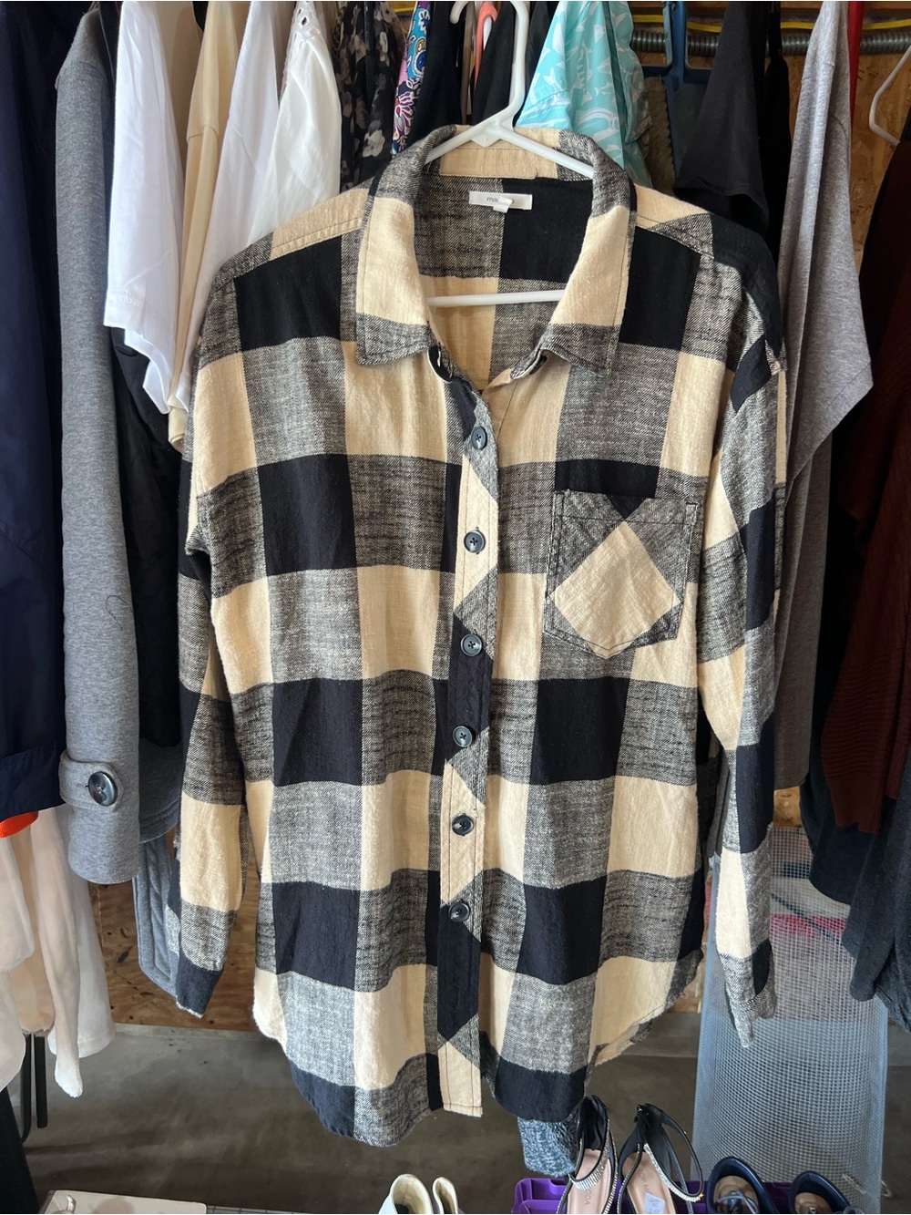 Women’s Beige and Black Plaid Button-Up Shirt